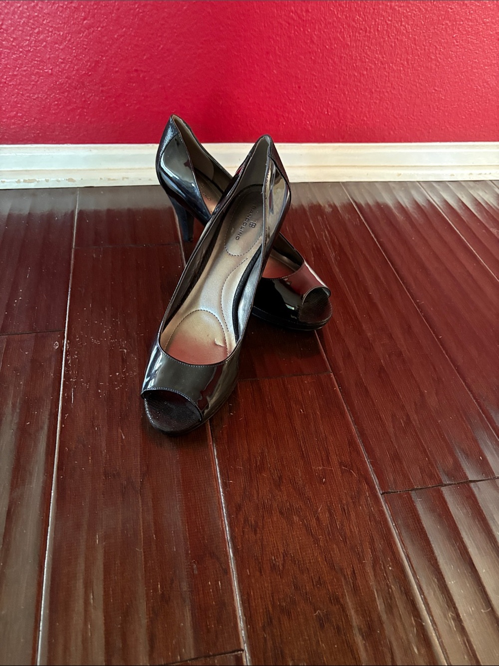 Black Patent Peep-Toe Pumps by